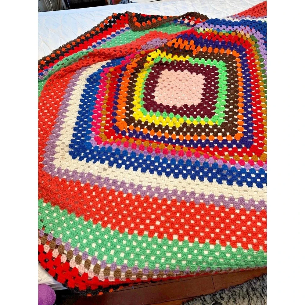 VTG Handmade Crochet Granny Square Afghan blanket  Multi Color approx  70